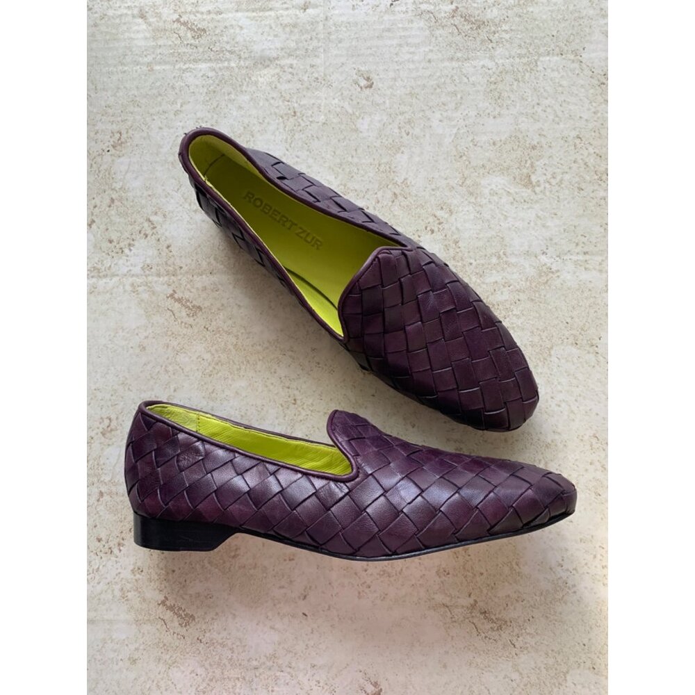 Robert Zur Woven Leather Flats in Deep Plum with Lime Green Lining